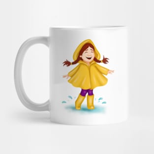 Spring fashion girl in yellow raincoat laughing and dancing in a puddle Mug